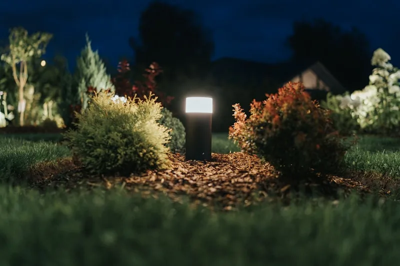 Permanent outdoor landscape lighting at night